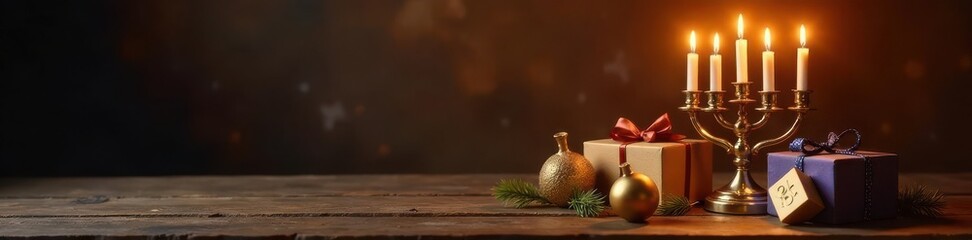 Warm golden light illuminates menorah, gifts, dreidel on rustic wood , illumination, lights, cozy