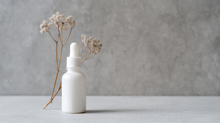 Minimalist flat lay featuring white dropper bottle alongside dried flowers, creating serene and elegant composition perfect for wellness or beauty themes