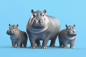 Fototapete Rund Three cartoon hippos standing together against a light blue background, showcasing their playful nature © Mariani