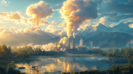 Obraz premium geothermal power technology, with steam rising from the Earth's surface, geysers, and a network of pipes harnessing the Earth's natural heat