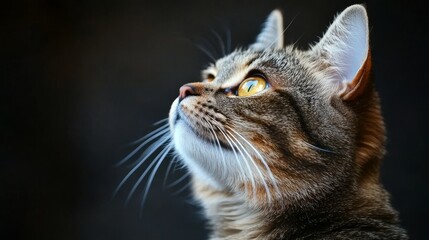 Fototapeta premium A tabby cat with a striking appearance gazes intently against a solid black background, showcasing its golden eye and crisp white whiskers