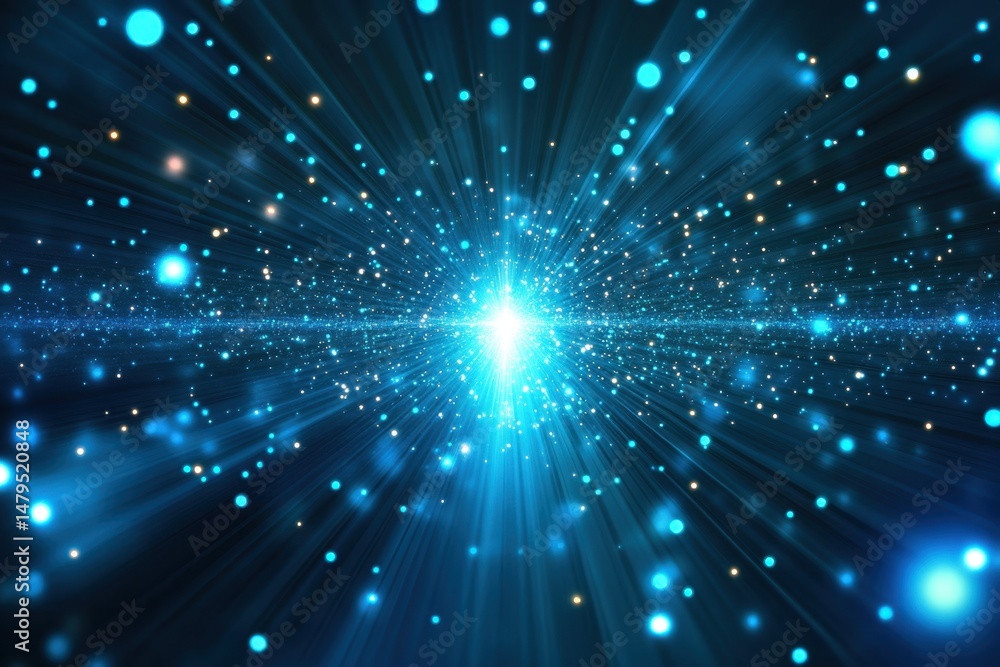Poster abstract blue light burst background with glowing particles and rays of light sci-fi technology conc