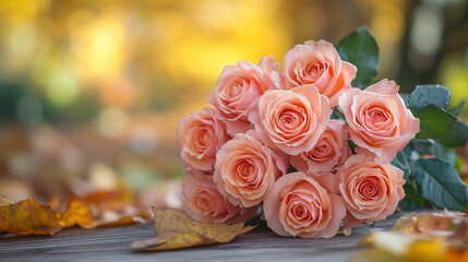Romantic bouquet of fresh roses in a natural setting with an autumnal mood.