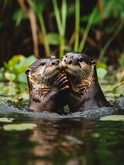 Two otters interacting in water