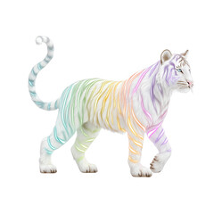 Fototapeta premium A majestic white tiger with rainbow stripes walks proudly across the plain.