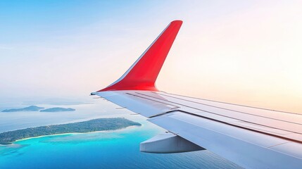 Aerial view of airplane wing over islands and ocean.
