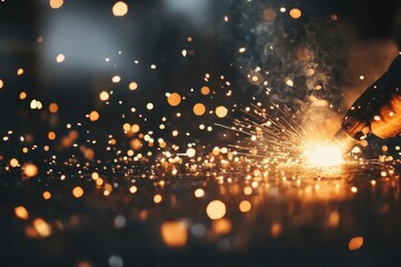 Obraz premium Close-up of Welder at Work Creating Sparks with Welding Torch in Industrial Setting with Dark Background and Dynamic Lighting