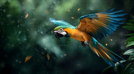 Vibrant parrot with rainbow colored wings spreading as it soars through the lush foliage of a tropical jungle canopy copy space included