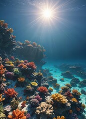 Naklejka premium Sun-dappled ocean surface, vibrant coral reef below , tranquil, wildlife, nature