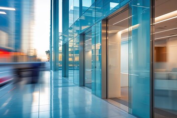 Stylish Glass Cladding of a Modern Law Office in a Vibrant Business Zone with Blurred Reflections