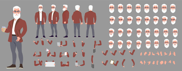 Man Character design. Front, side, back view and explainer animation poses. Character set with lip sync and facial expressions of Happy, angry, sad, Joy with Side walk cycle animation sequence sprite 