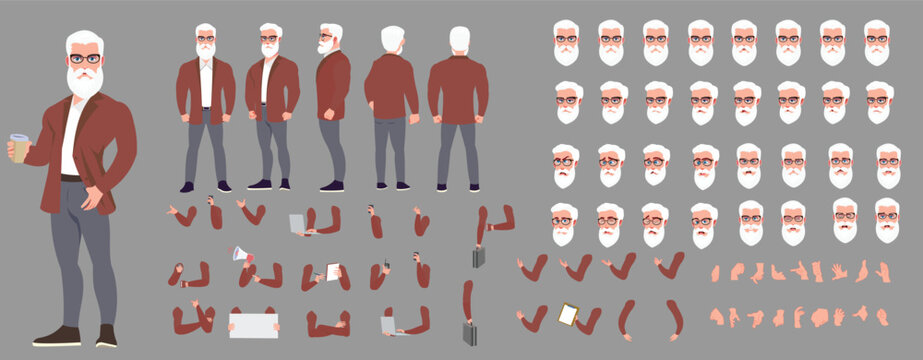 Man Character design. Front, side, back view and explainer animation poses. Character set with lip sync and facial expressions of Happy, angry, sad, Joy with Side walk cycle animation sequence sprite 