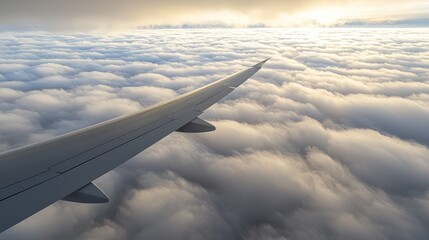Obraz premium High-altitude view of airplane wing above fluffy clouds.