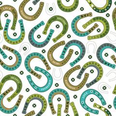 Seamless vector pattern with decorative horseshoes, featuring Luck, Success, Love, and four-leaf clovers. Vintage hand-drawn design for St. Patrick’s Day, textile, gift wrap, and cards. 