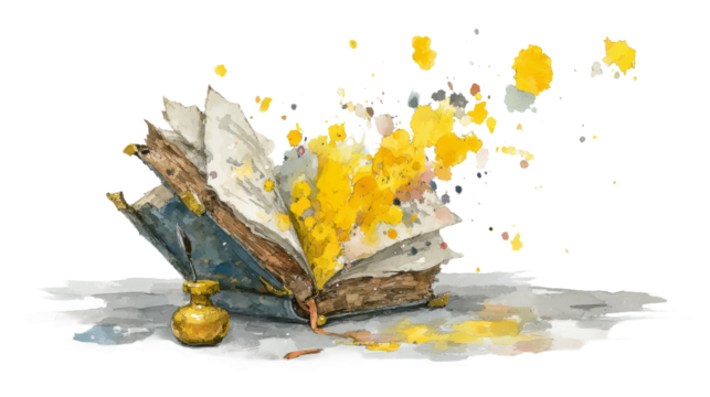 Exploring the Mystical World of the Open Book Surrounded by Vibrant Watercolor Flowers and Striking Yellow Splash on Its Pages