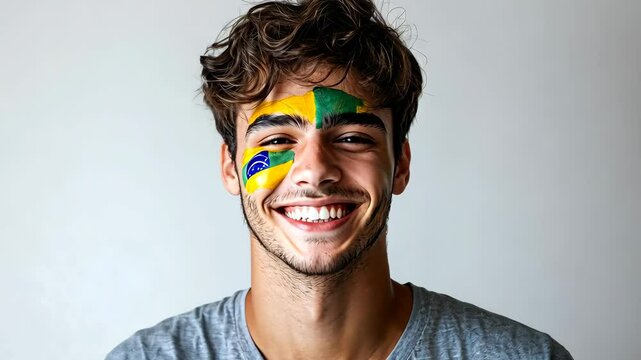 Smiling young man with brazilian face paint expressing joy and enthusiasm