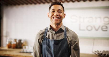 Restaurant, man and worker in portrait for hospitality, customer service and confidence for...