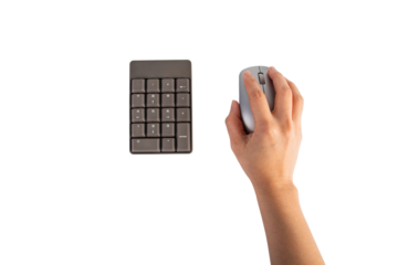 Bourne key contact numbers and Hand and computer mouse wireless in hand on a transparent background.