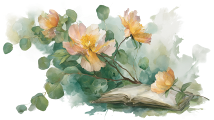 Captivating Open Book Laying Flat with Beautiful Watercolor Peonies and Eucalyptus Illustrations Evokes a Sense of Tranquility and Inspiration Perfect for Book Lovers and Floral Enthusiasts
