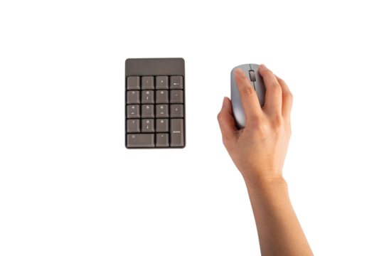 Bourne key contact numbers and Hand and computer mouse wireless in hand on a transparent background.