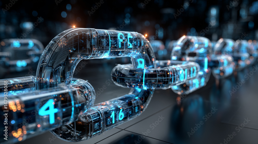 Poster blockchain concept banner. isometric digital blocks connection with each other and shapes crypto cha