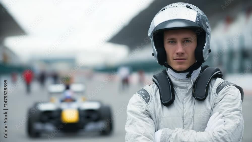 Poster man looking on camera after qualification races - formula 1 race and grand prix concept - models by 
