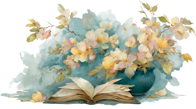 Explore the Beauty of an Open Vintage Book Surrounded by Soft Watercolor Flowers and Blooming Nature All Around