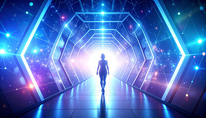 Human silhouette walking into a blinding digital portal, symbolic journey into artificial immortality, atmospheric, dreamy and surreal