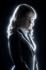 portrait of a young woman wearing a black suit with a white collar with a glowing light from the front of her face