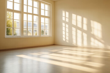 Fototapeta premium A serene room with large window fills with soft daylight. Cream walls and concrete floors create a calm, minimalistic space, accentuated by warm, diffused light and subtle shadows.