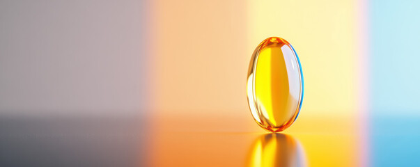 A shiny golden vitamin D capsule glistens against a dual-tone background of soft coral and light gray. Its glossy surface and subtle reflections highlight its health-boosting properties.