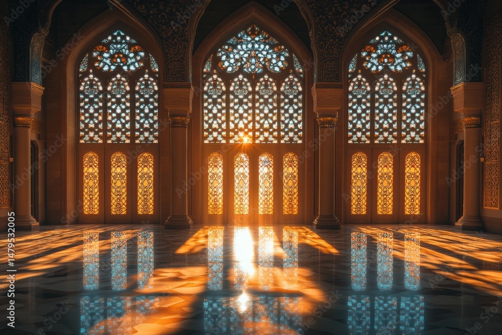 Aufkleber sunlight streaming through ornate windows casts intricate patterns on the marble floor in an elegant