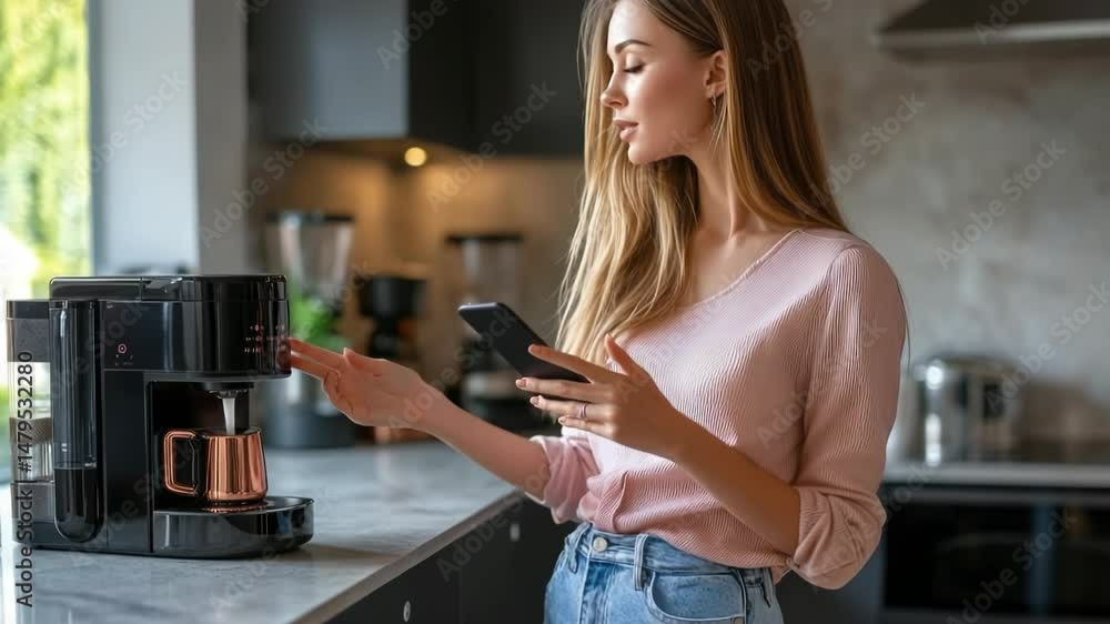 Poster a young modern woman using a mobile application on a smart home smartphone controls various function