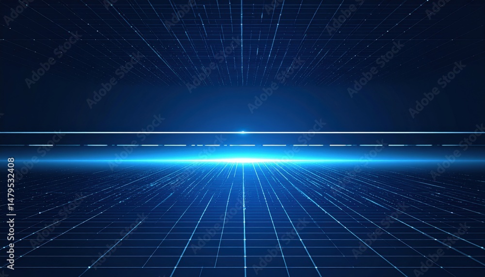 Poster dynamic blue light rays emitting across digital grid virtual environment graphic design futuristic p