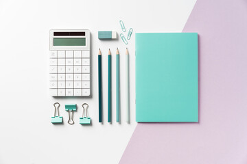 White, blue and purple back to school flat lay