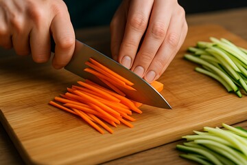 A person carefully slices carrots into thin sticks on a wooden cutting board next to julienned zucchini.