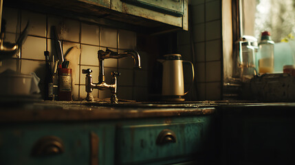 Old Kitchen Sink with Rusty Faucet and Vintage Drawers