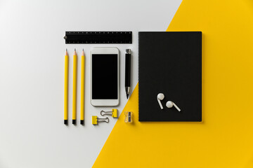 White, black and yellow back to school flat lay