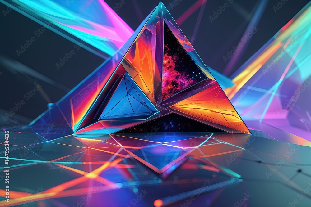Poster artistic triangulated shape with advanced tech imagery and vibrant abstract connection