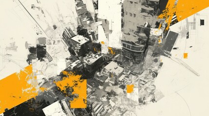 Fototapeta premium Abstract urban landscape; chaotic, fragmented city scene in grayscale and orange accents