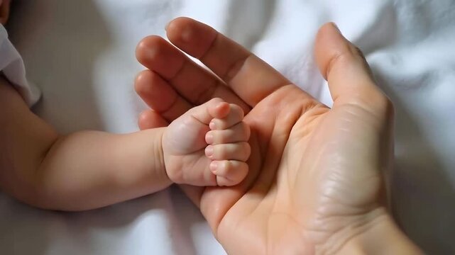 A father cradles his new born baby hand in his, loving new parent