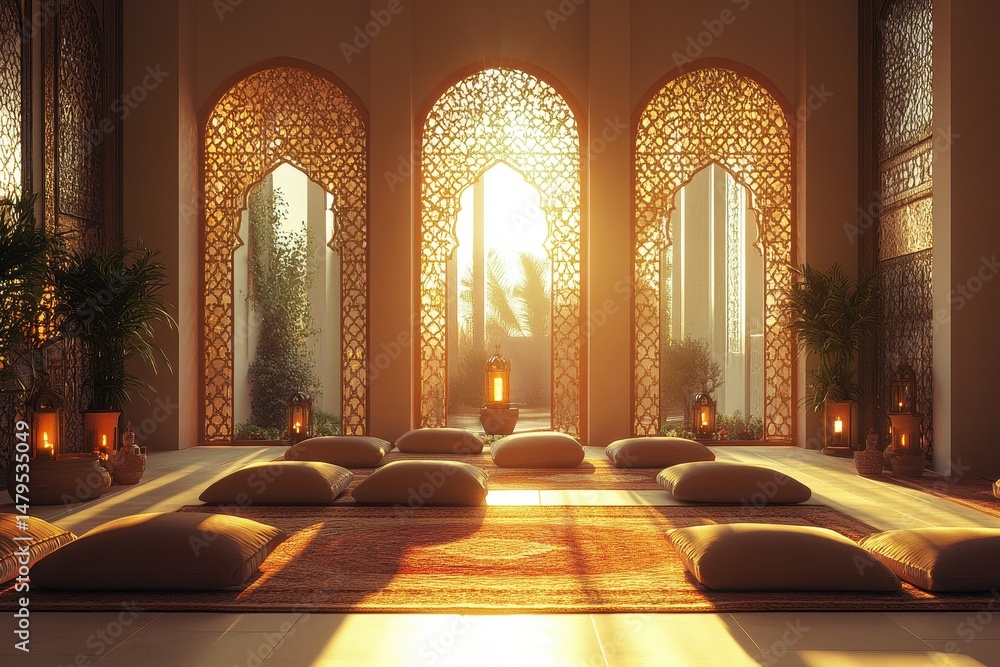 Poster sunlight streaming through ornate windows casts intricate patterns on the marble floor in an elegant