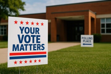 National election participation. Signs promoting voting outside a polling place on a sunny day.