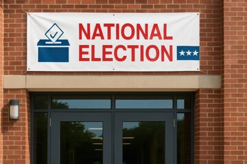 Obraz premium National election participation. National election banner displayed on a brick building entrance.