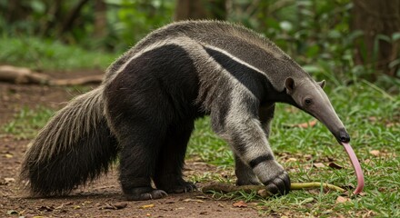 Anteater with Tongue Out on a Forest Ground
