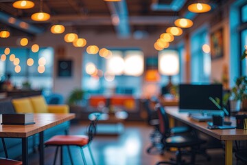 Vibrant Interior of a Casual Workplace with Blurred Bokeh Atmosphere