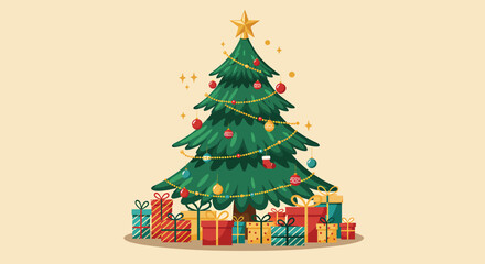 Flat Vector Christmas Tree with Gifts