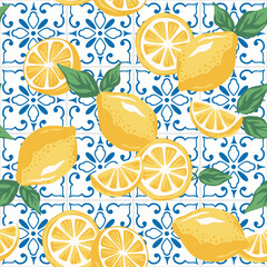 Blue Italian geometric tiles, yellow lemons seamless pattern. Amalfi coast summer wallpaper.