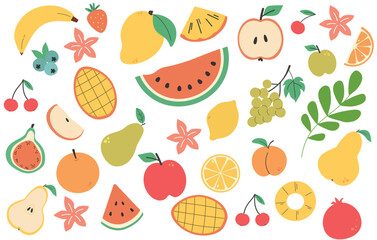 Colorful Summer Fruit Set – Flat Cartoon Style Tropical and Garden Fruits Collection. Watermelon, mango, lemon, pomegranate, orange, banana, orange slices, grapes, cherry. Flat vector illustration. 