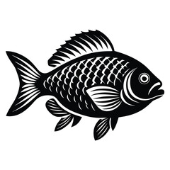 Tropical River Fish Designs in Black and White Coastal Characters Black Vector Fish Icons, Tilapia fish silhouette vector illustration
